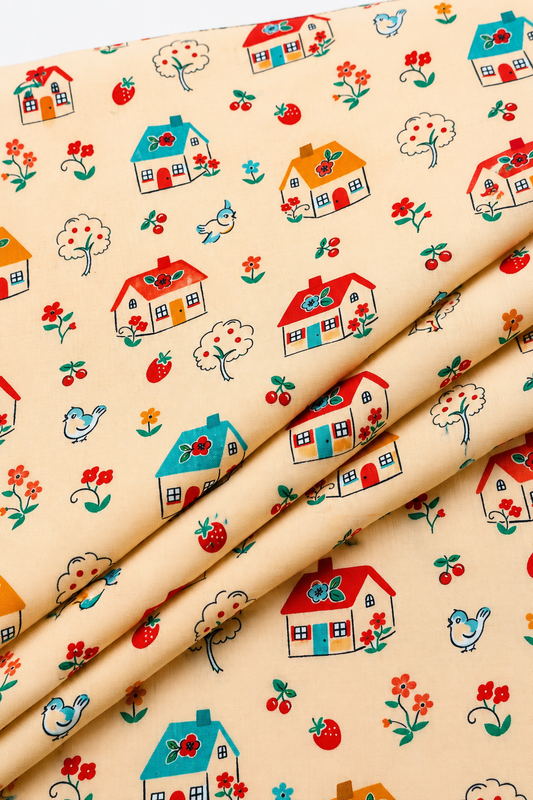 Kids Village House Print Lawn Fabric