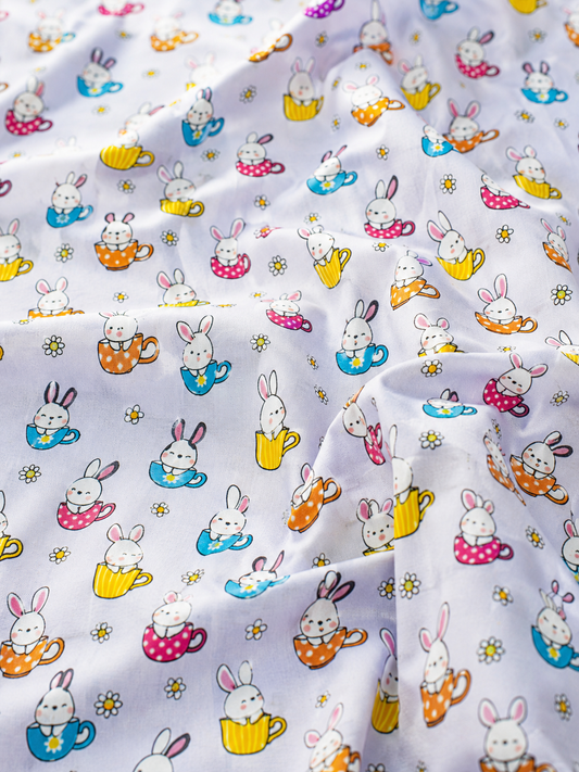 Kids Bunny Teacup Printed Lawn Fabric