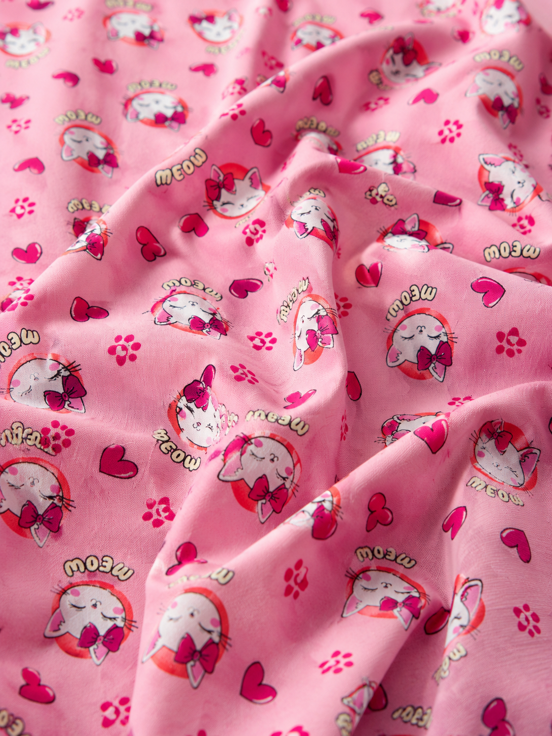 Kids Cute Pink Meow Lawn Fabric