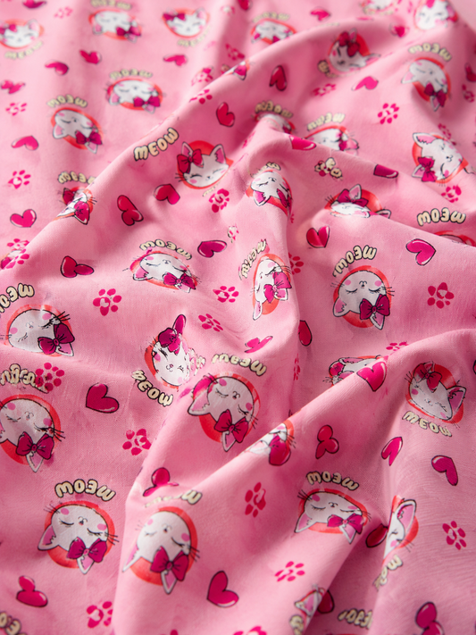 Kids Cute Pink Meow Lawn Fabric