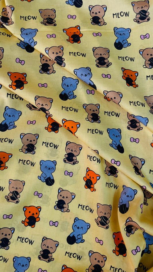 Kids Meow Cat Printed Lawn Fabric