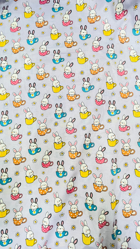 Kids Bunny Teacup Printed Lawn Fabric
