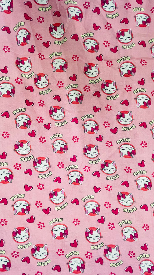 Kids Cute Pink Meow Lawn Fabric